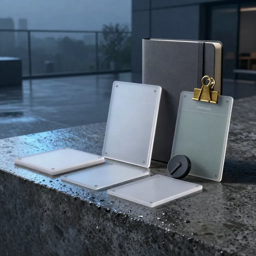 Rain-speckled prototype cards, planning tiles, graphite notebook, brass clips and a matte-black token on concrete.