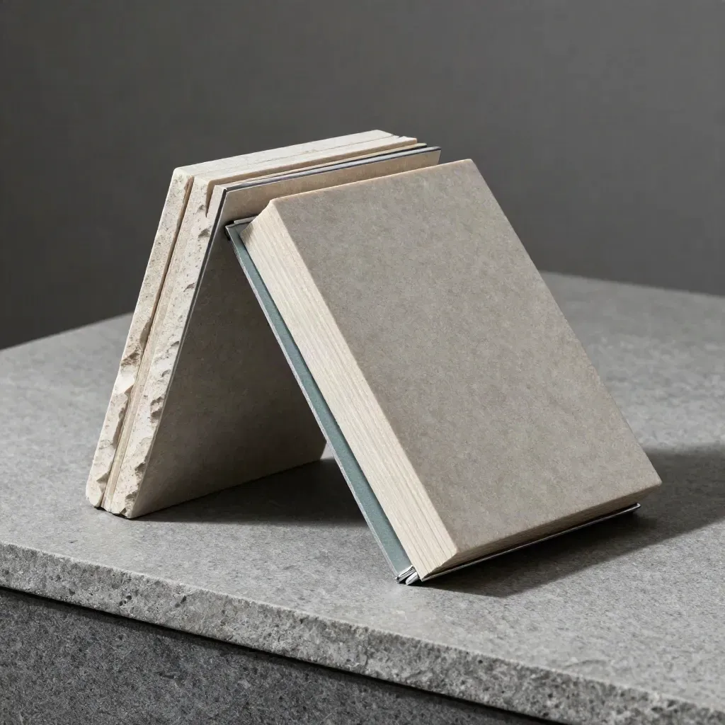 Architectural material samples and aluminum blocks on stone under dramatic studio light.
