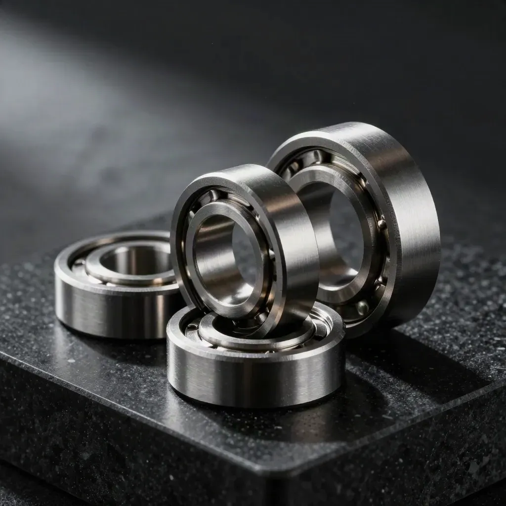 Bearing gauge with machined spacers and knurled fastener on dark basalt, top-down macro
