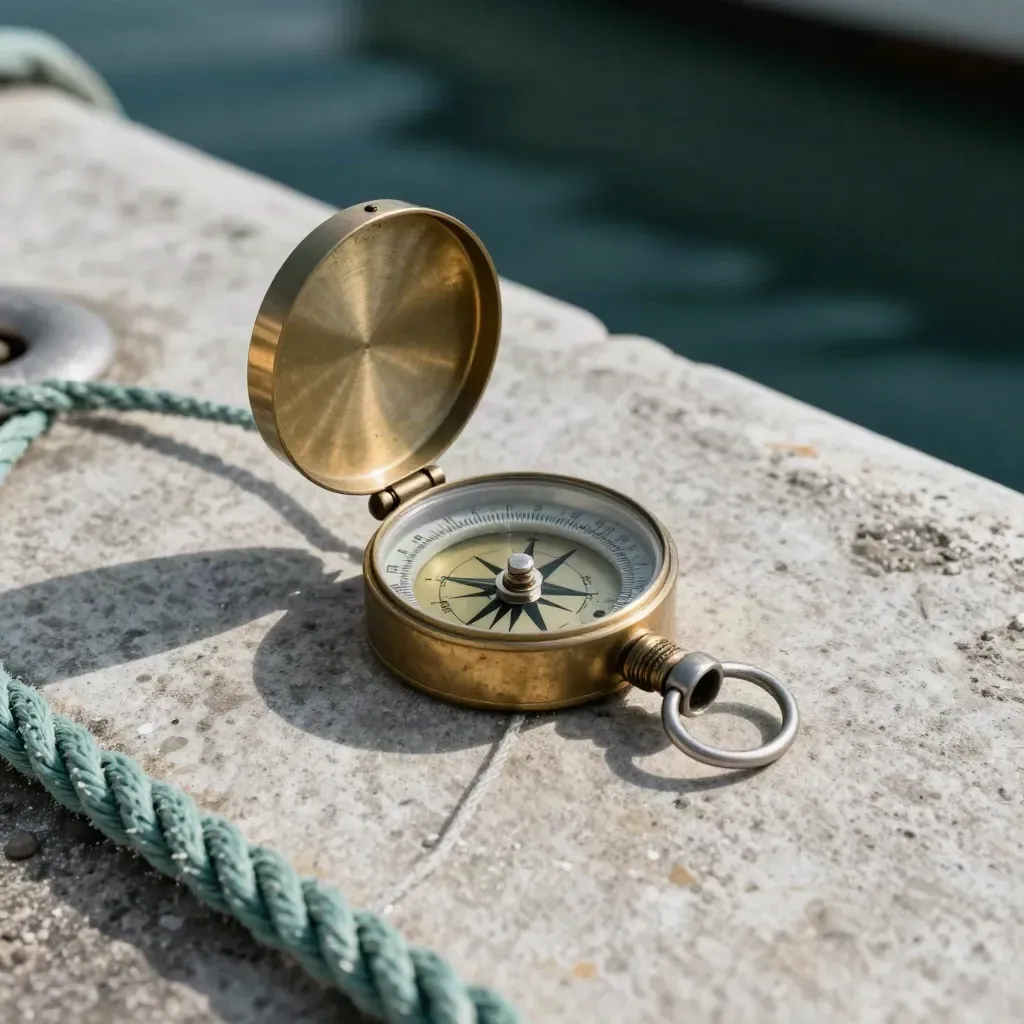 Brass compass, coiled rope, and metal cleat on damp stone by the harbour