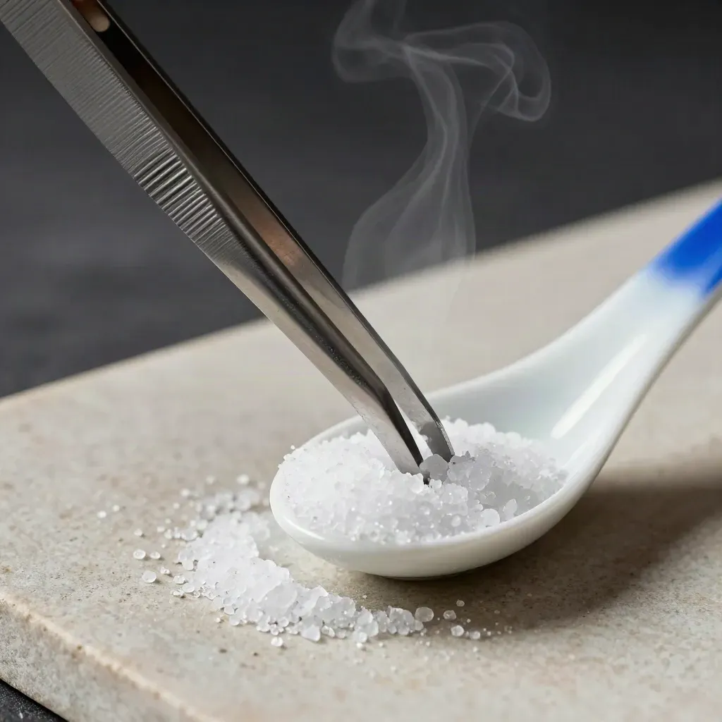 Macro still life of plating tweezers, tasting spoon and salt in a ceramic dish with steam and blue accent