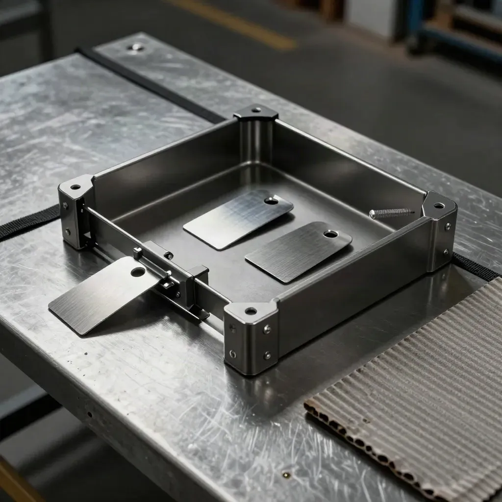 Overhead still life of logistics bin corners, blank aluminum tags, and a seal press on brushed steel.