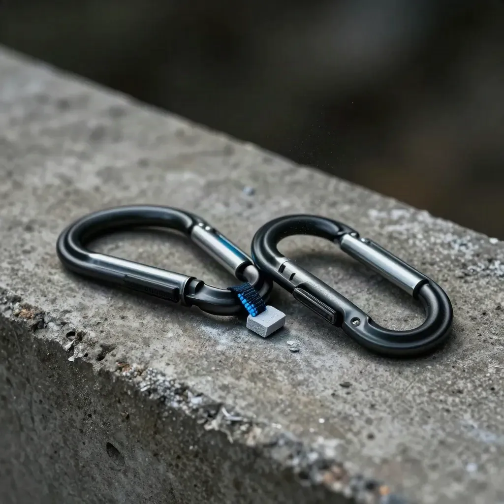 Macro of climbing carabiners clicking on concrete with chalk dust and blue webbing