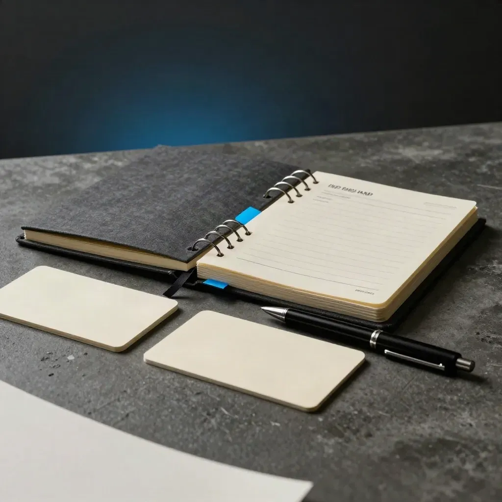 Ring-bound MVP planner notebook with dividers, blank cards, and pen cap on concrete