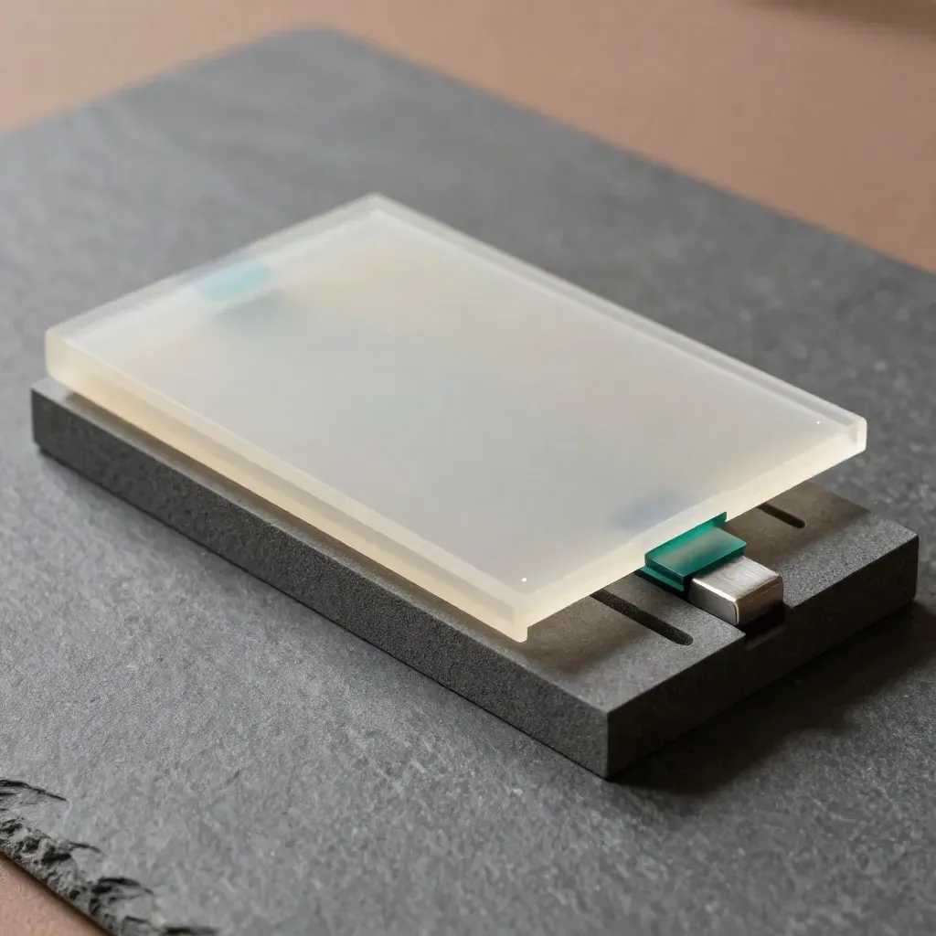 Overlapping translucent prototype panels on a foam core block, lit dramatically on dark stone.