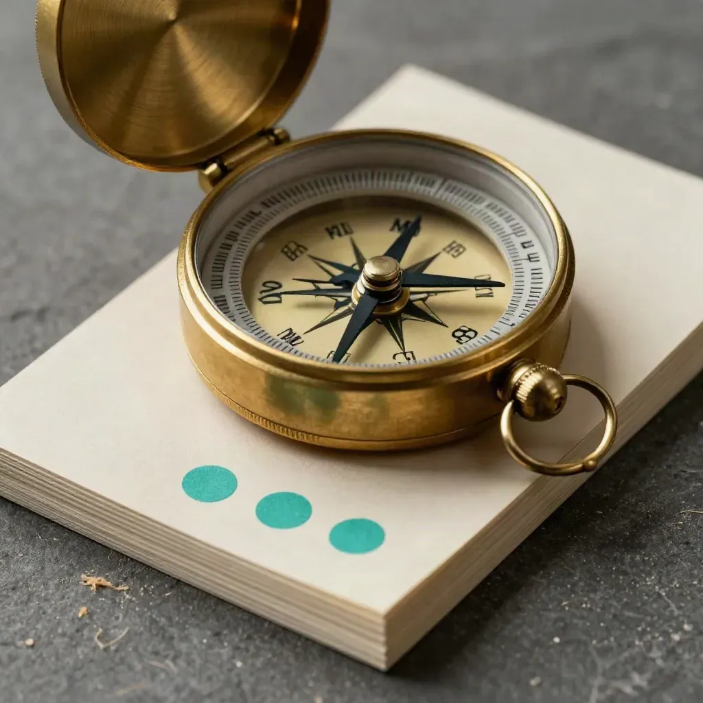 Brass compass beside blank survey cards and teal dots on graphite stone