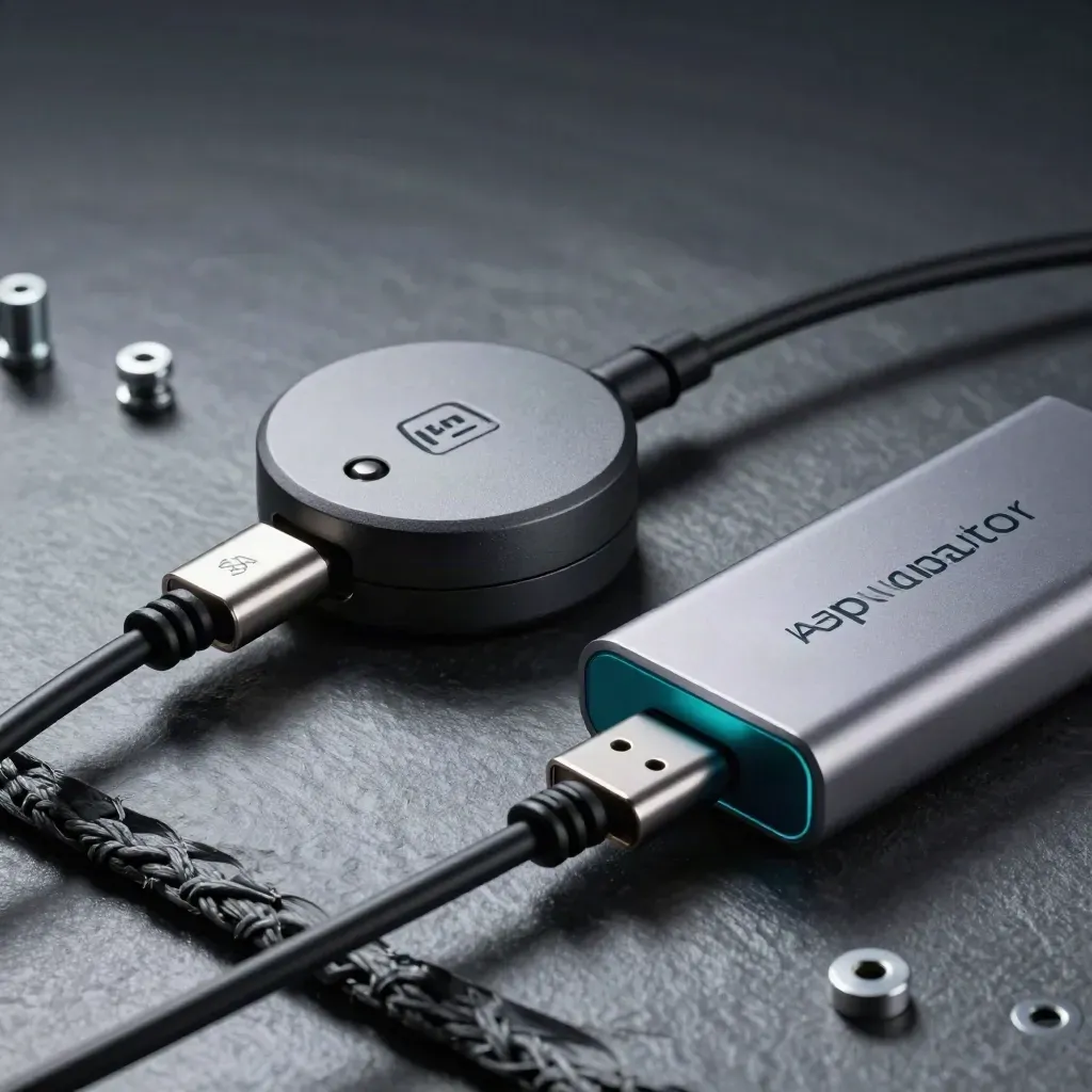 Tracker puck, braided cables, and USB-C hub on slate in dramatic studio light.