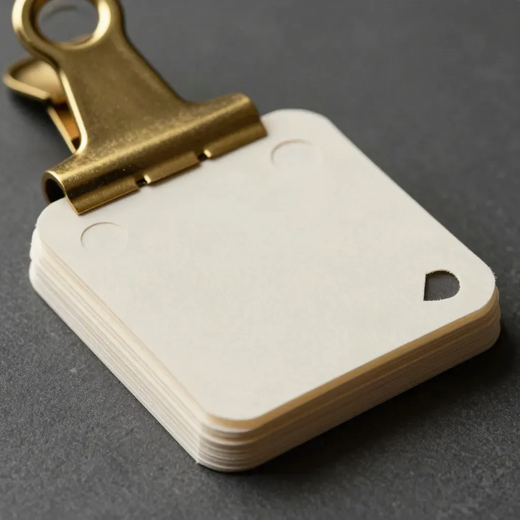 Three blank template cards clipped together, top corner lifting on a dark graphite surface.