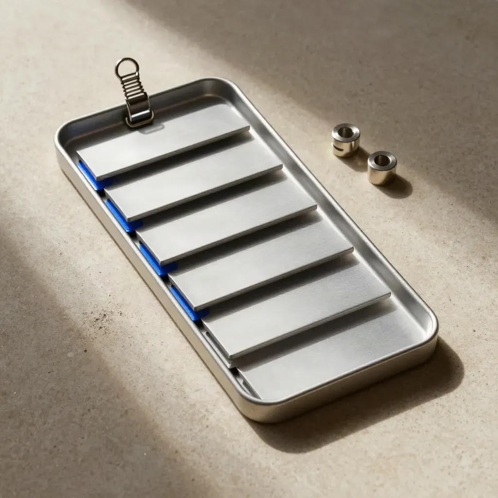 Top-down macro of an aluminum checklist tray with six tabs and a blue accent on stone.