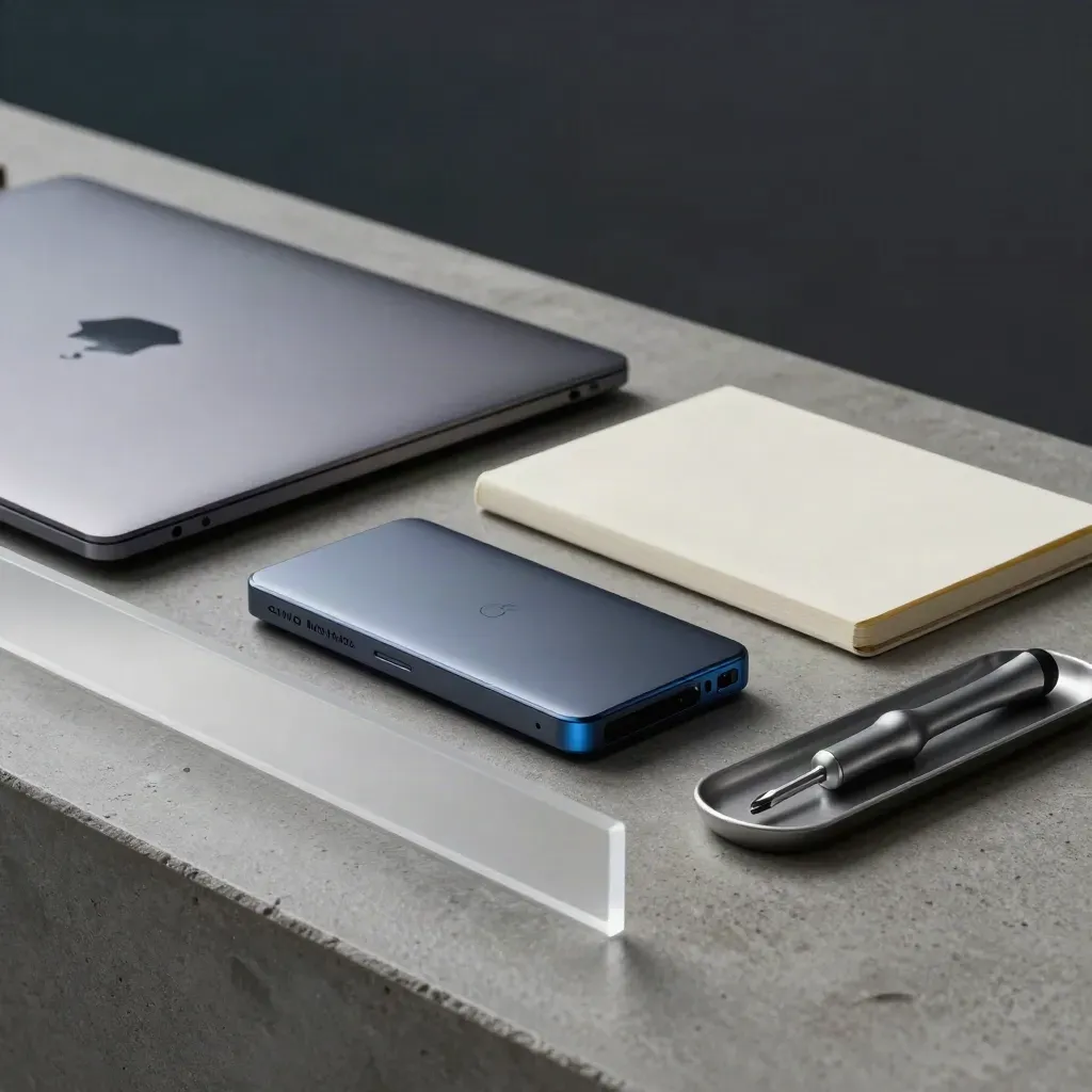 Macro founder kit behind frosted acrylic: ultrabook, SSD, notebook, screwdriver set.