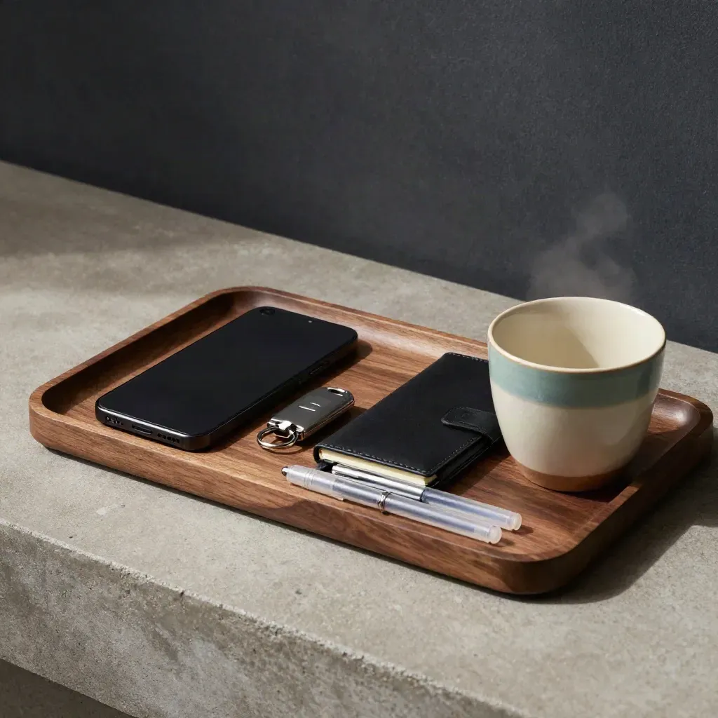 Founder kit with phone, notebook, key fob and pen caps on walnut, seen through a ceramic cup rim.