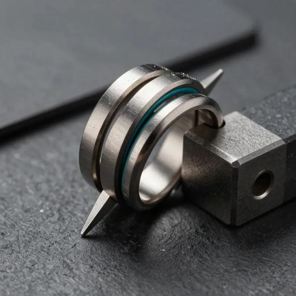Linked metal rings, connector pins, and a machined block on graphite stone