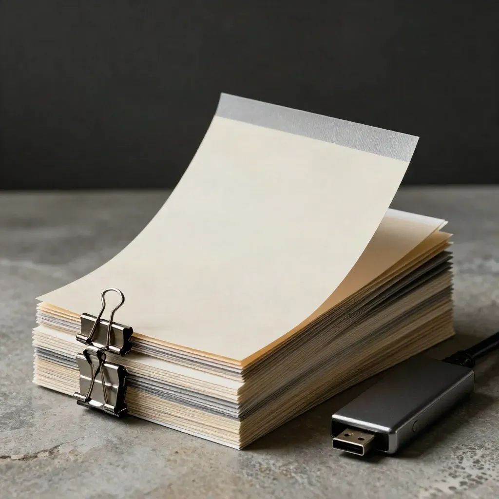 Tracing-paper veil over swatch cards, binder clips, and a charcoal USB hub on stone.
