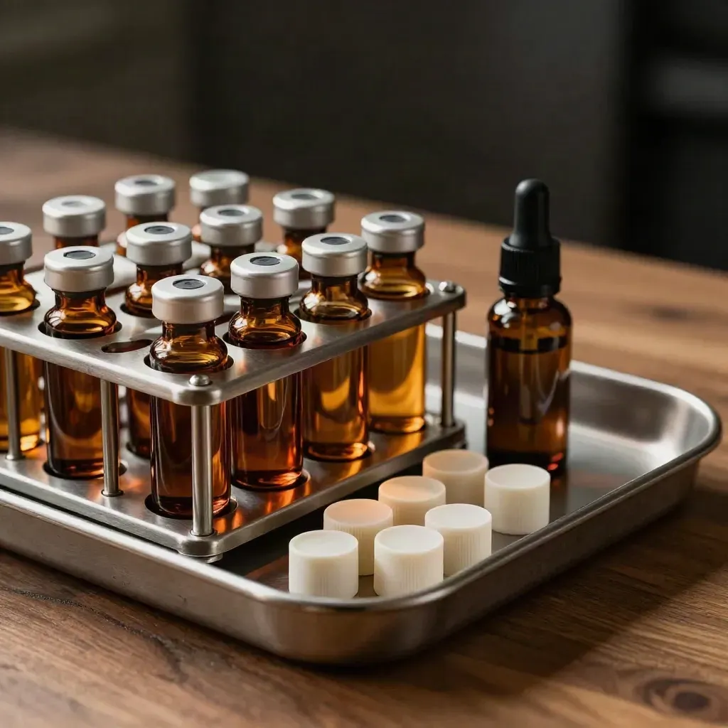 Amber vials and a steel rack on a walnut tray in dramatic low light.