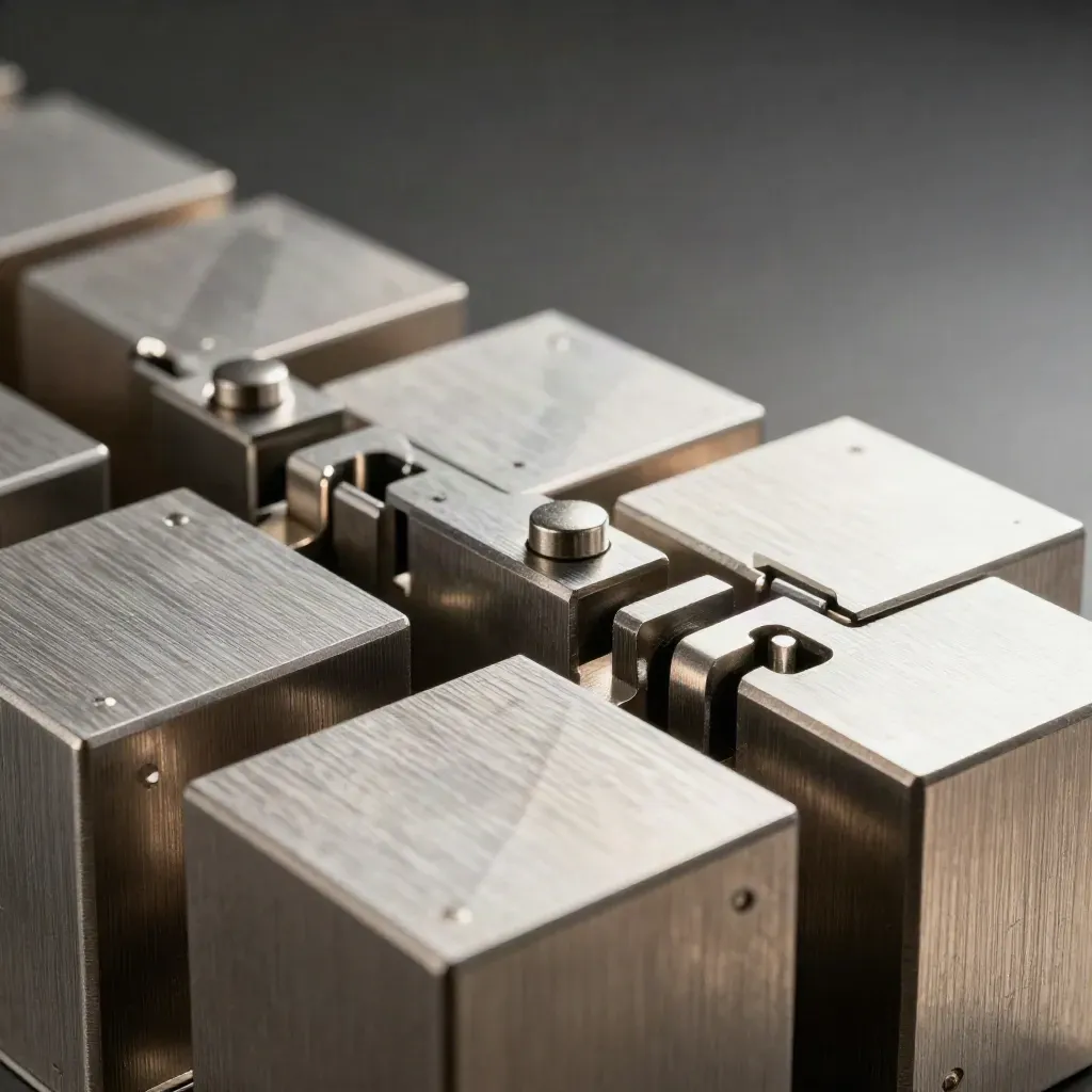 Aluminum cubes, dovetail joint and magnetic peg set aligned on brushed steel in dramatic light