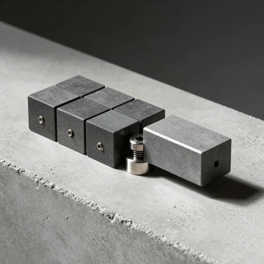 Overhead close-up of modular graphite blocks, spring clips, and a spacer on pale concrete.