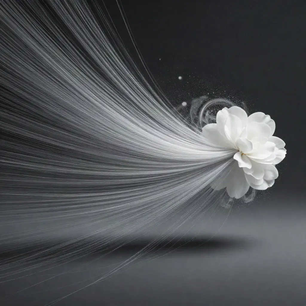Silver light filaments converge into a soft white bloom in a dark graphite void.